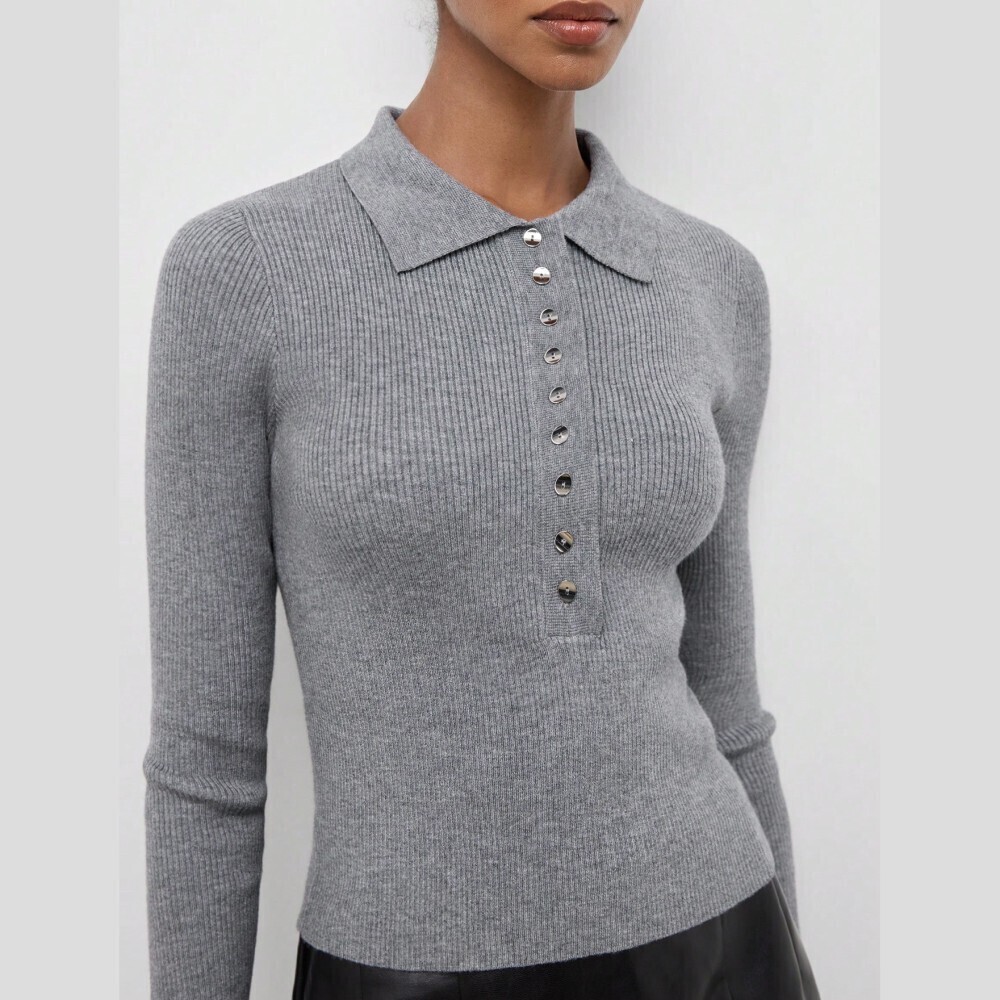 Heather Gray Ribbed Knit Button Front Polo Sweater